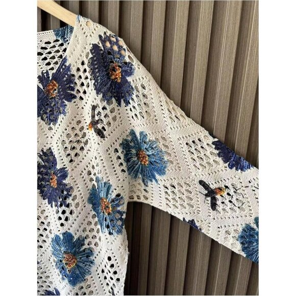 Women's Crochet Sweater Floral Boho V Neck 3/4 Sleeve Knit Top - Picture 3 of 4